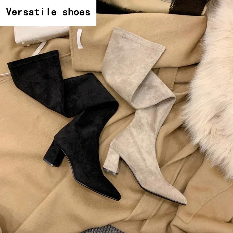 Cizme înalte peste genunchi noi, elastice pentru femei, modă, cu fermoare la spate, botine lungi slim, pantofi cu toc înalt de toamnă-iarnă