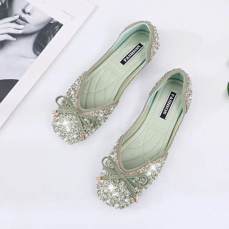 Fashion Pink with Crystals Diamond Ladies Footwear Green Rhinestone Women's Flat Shoes Bow Korean Style Y2k Vintage Fashion Cheap A Line