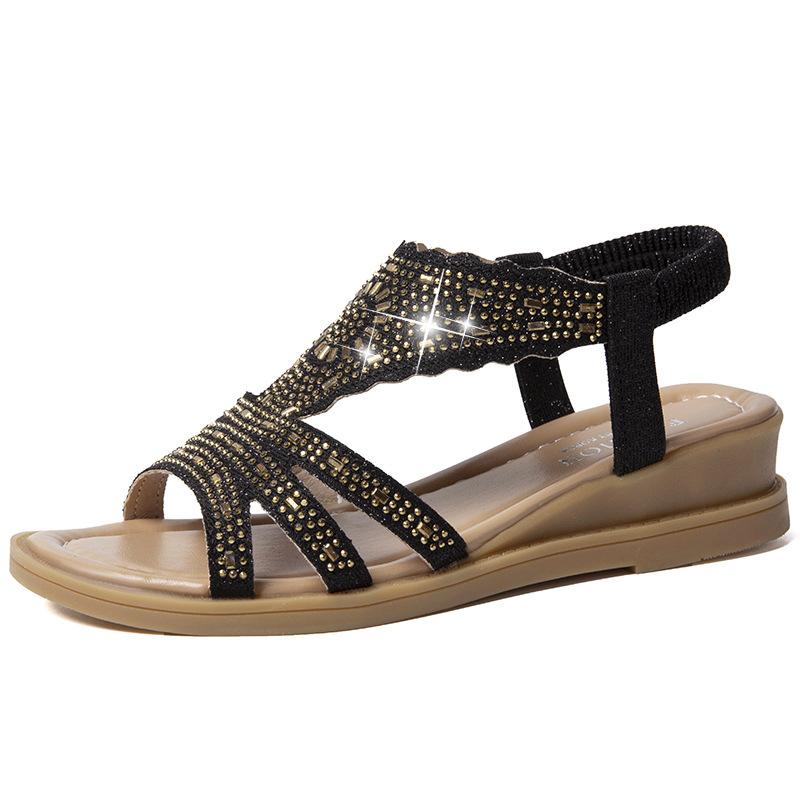 2025 Summer New Korean Version of Rhinestone Side Empty Women's Shoes Elastic Mouth Roman Shoes Lightweight Flat Mother Sandals