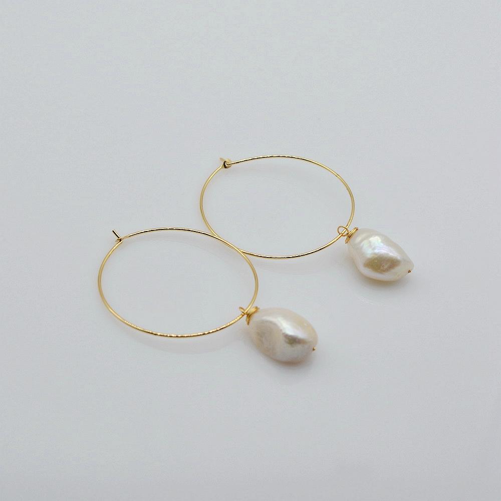 Round Earrings White Natural Freshwater Pearls Large Gold Earrings Baroque Pearls Handmade Gold Earrings Women's Earrings