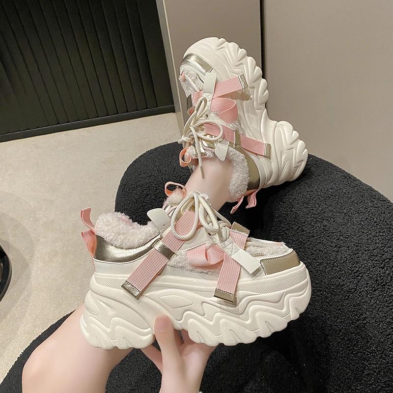 Fashion 8CM Winter Women's Chunky Fur Sneakers Warm High Platform Sports Shoes Woman Thick Sole Leather Casual Shoes Zapatillas Mujer