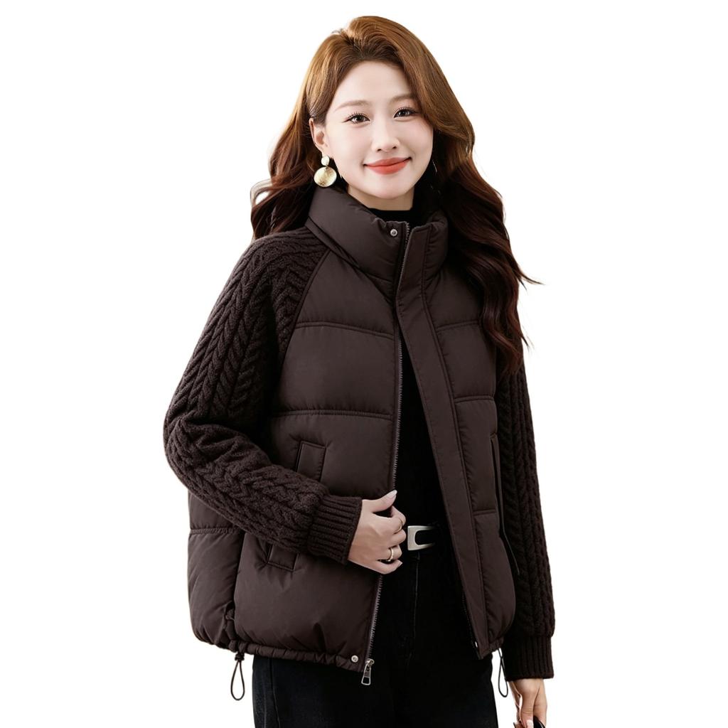 Winter New Thick Twist Knitted Sleeves Splicing Cotton Clothes Women's Stand-up Collar Short Small Thickened Warm Jacket