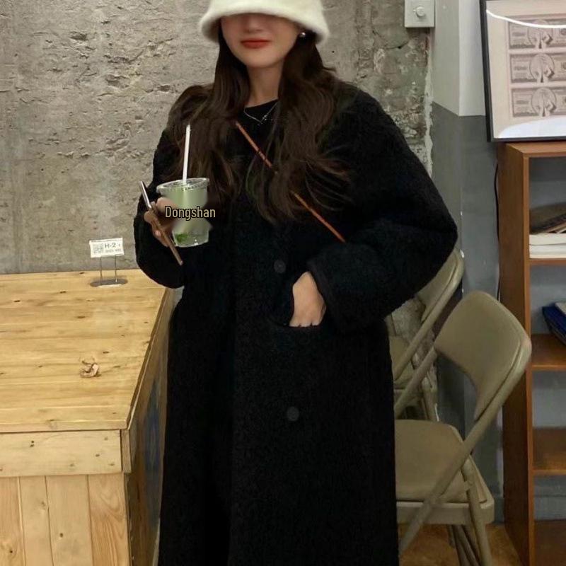 

2026 Autumn/Winter Korean Style Double-Breasted Loose Long Lambswool Coat XL чорний