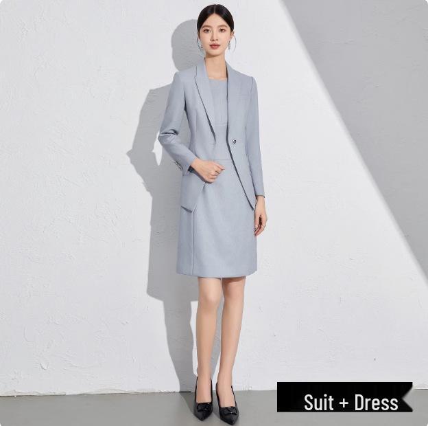 Women's High-End Gray-Blue Slim Fit Professional Suit Set - Includes Dress and Skirt