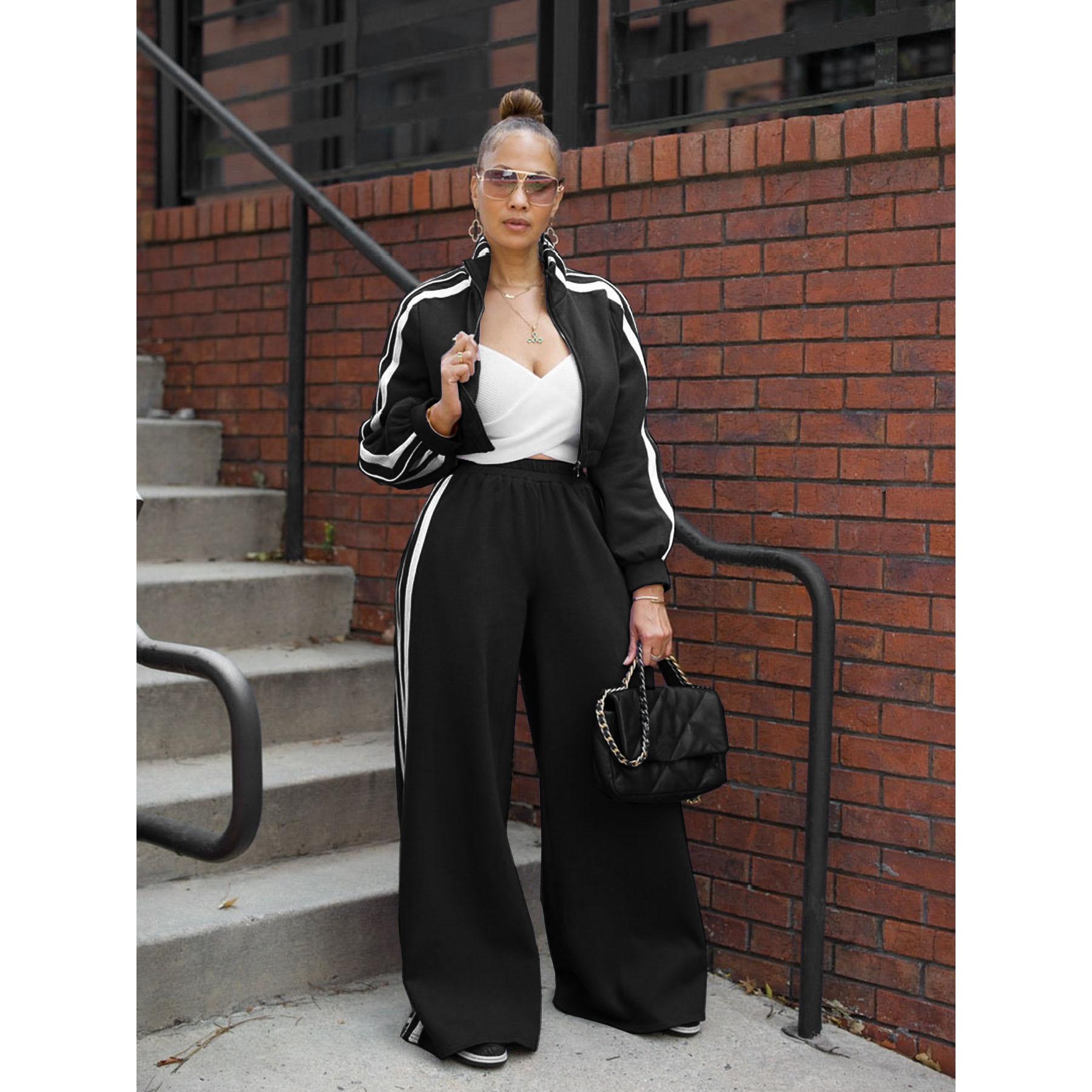 

Женский комплект из толстовки в полоску с длинным рукавом и прямых брюк, комплект из двух предметов для улицы, спортивная одежда XS чёрный