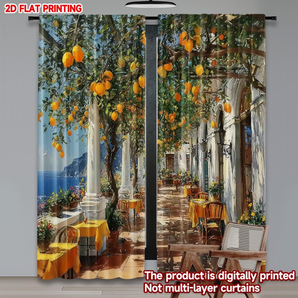 Mediterranean Courtyard Curtains Digital Printing White Columns Orange Trees Blue Sea View Coastal Living Room Decor Set Of 2 Made Polyester