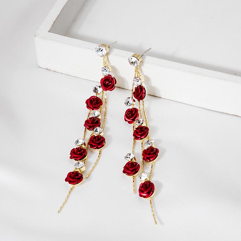 Elegant Korean Rose Tassel Earrings: 925 Sterling Silver, Studded with Diamonds