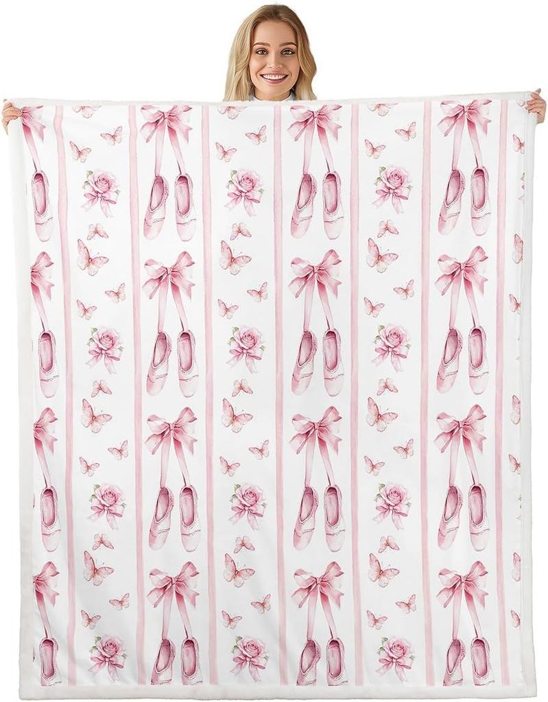 White Swan Fleece Throw Ballet Theme Pink Plush Blanket for Kids Room Decor with Crown Bowknot Roses Flowers Twin X