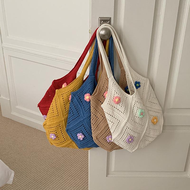 Yogodlns Summer New Hollow out Knitted Flower Tote Bag Single Shoulder Commute High-End Feeling Large Capacity Business Commuting
