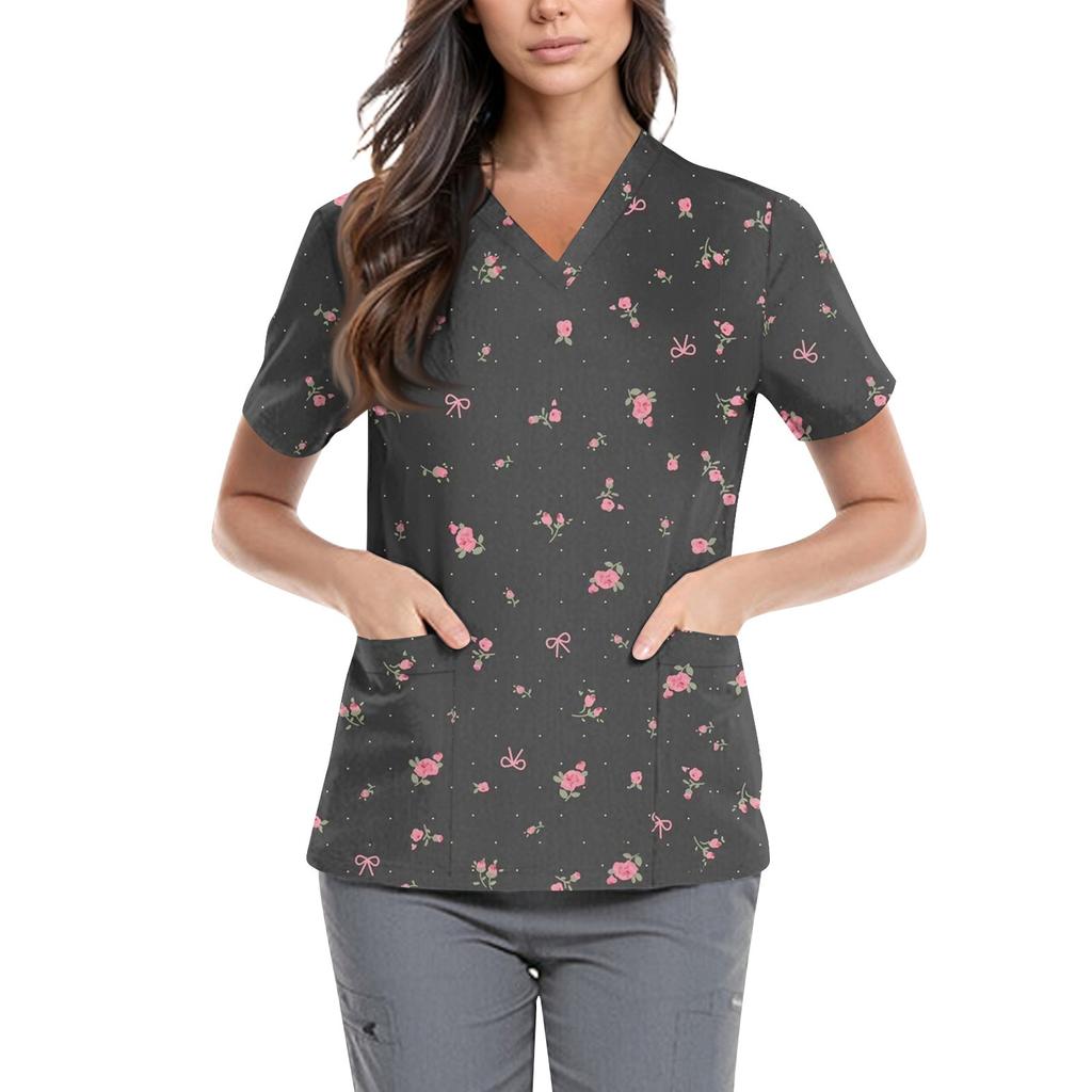 Women's Cute Printed Work Clothes V-neck Double Layer Pockets Basic Short Sleeve Top Pullover Valentines