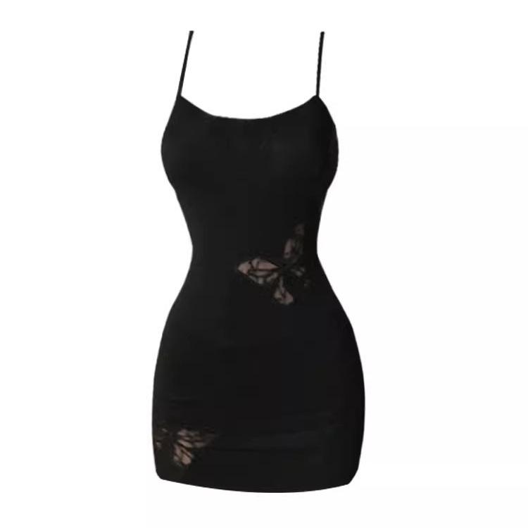 Vyšívané bodycon šaty s výřezem motýla na špagetová ramínka - Slim střih, Seductive style