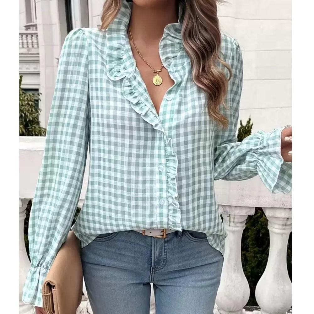Fungus Edge Stand Collar Plaid Long-sleeved Shirt Women Spring Summer Casual Loose Single-breasted Female Versatile Shirt Tops