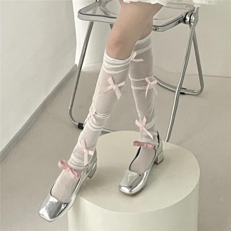 Women Sexy Ribbon Bow Socks Long Tube Knee High Lolita White Stockings Thin Piles of Socks Section Mesh Pure Desire Lace Hosiery