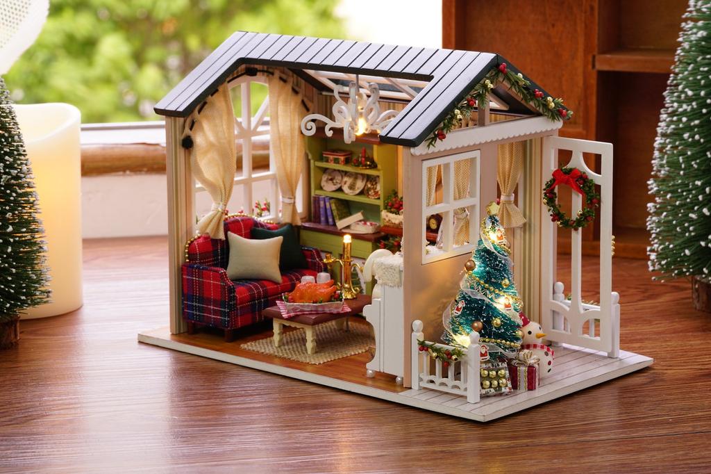 CUTEROOM Wooden Miniature Dollhouse DIY Kit for Beginners: Includes Music Box, LED Lights, and Dustproof Cover - Angelic Music and Snowy Miniature Hou
