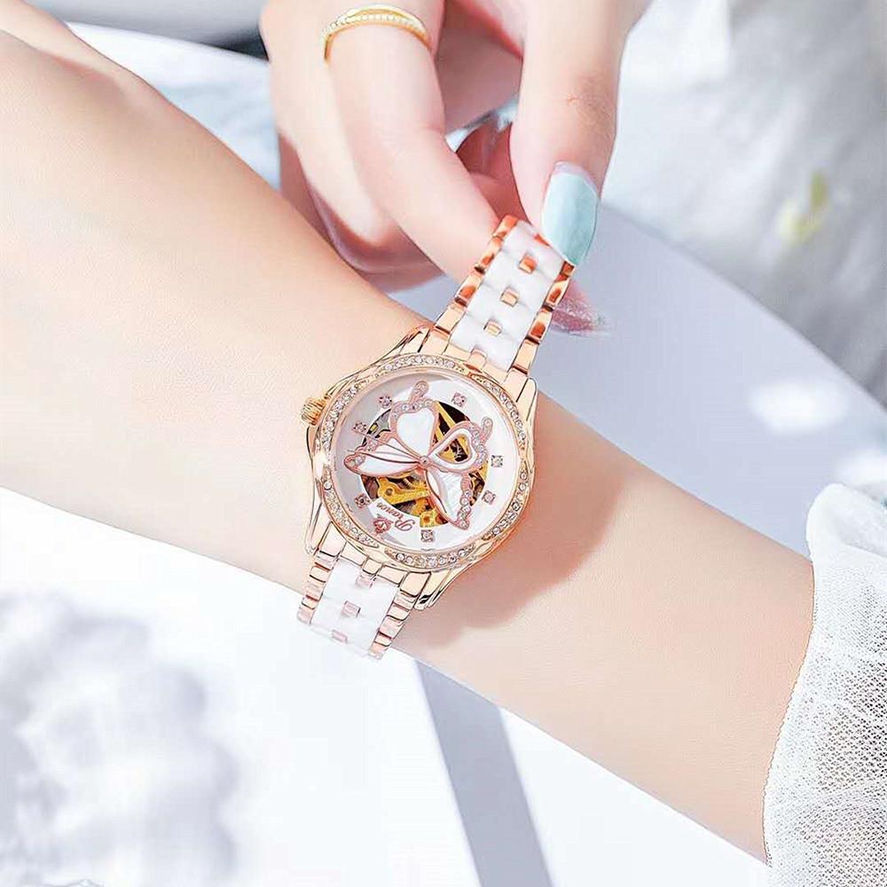 Fashion Diamond-Encrusted Watch Women'S Micro-Luminous Automatic Mechanical Watch Waterproof Ceramic Band Tide Watch