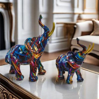 Barevná sloní socha s potiskem vodním transferem Severská domácí kancelář Stolní dekorace Pryskyřičná zvířecí soška Řemeslné výrobky