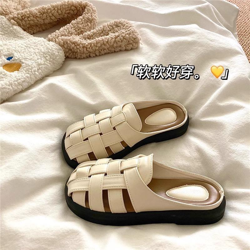 

2025 new lazy slippers women wear bag head Roman half slippers flat bottom one pedal beach half drag women s shoes 35