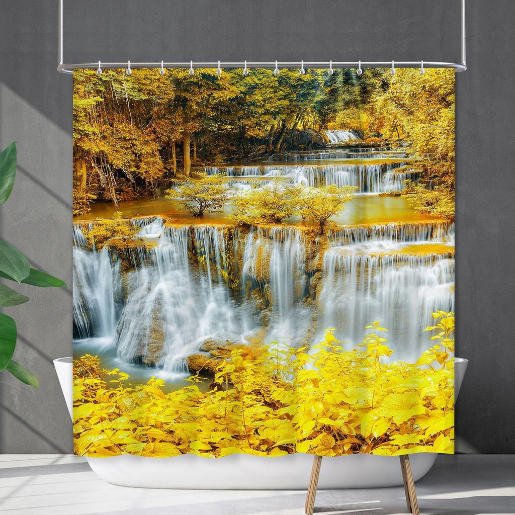 Bathroom Waterproof Curtain Digital Printing Landscape Waterfall Shower Curtain Free Punching Toilet Partition Curtain Shower Cloth