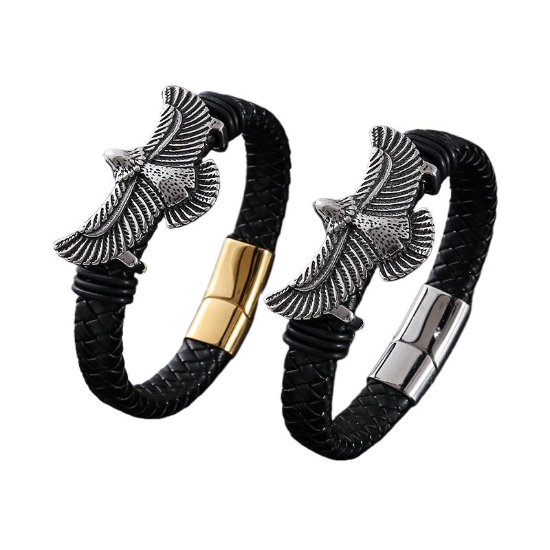 Punk Vintage Gothic Animal Eagle Leather Braided Stainless Steel Gold Plated Fashion Jewelry Bracelet Bangle Men Magnetic Gift