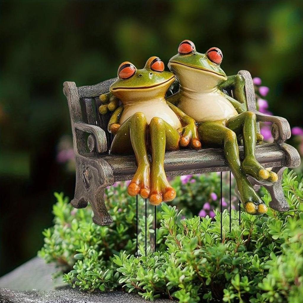 Frog Couple Bench Sculpture 2D Flat Acrylic Statues Figurines Ornaments for Home Porch Backyard Outside Bookshelf Decor