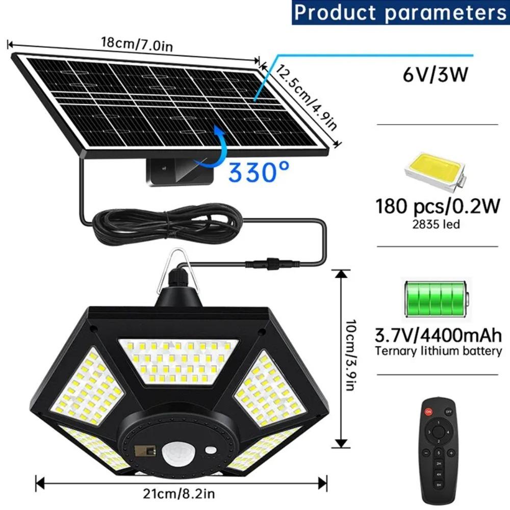 Lampe solaire suspendue pour abri de jardin, intérieur/extérieur, 180 LED, 1000 lm, avec télécommande, idéale pour grange, tonnelle ou garage.