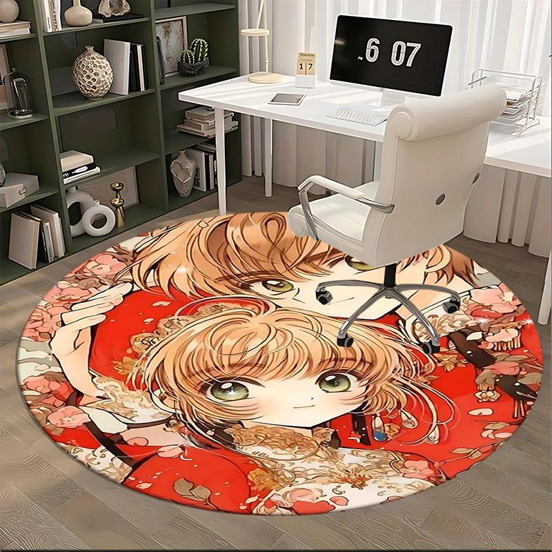 1pc Anime Design Round Carpet Floral Print Chair Mat for Office, Home Decor, Living Room, Bedroom