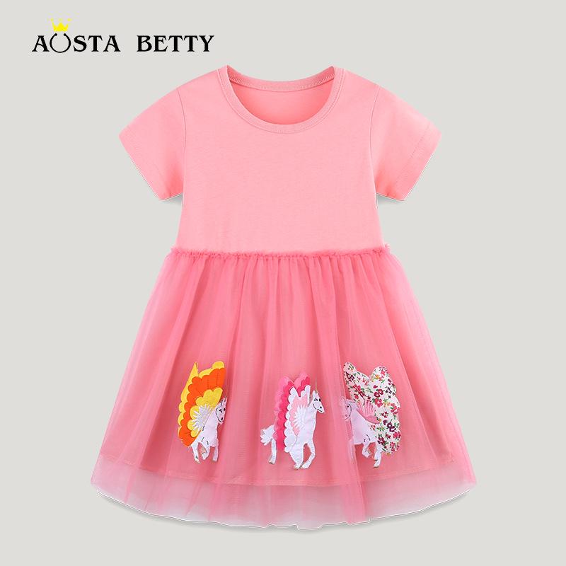 Summer Girls' Mesh Princess Dress - European & American Style with Cartoon Unicorn Embroidery