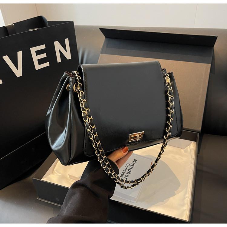 Retro Soft Pu Large Capacity 2023 Winter Urban Minimalist Chain Single Shoulder Crossbody Tote Bag чёрный