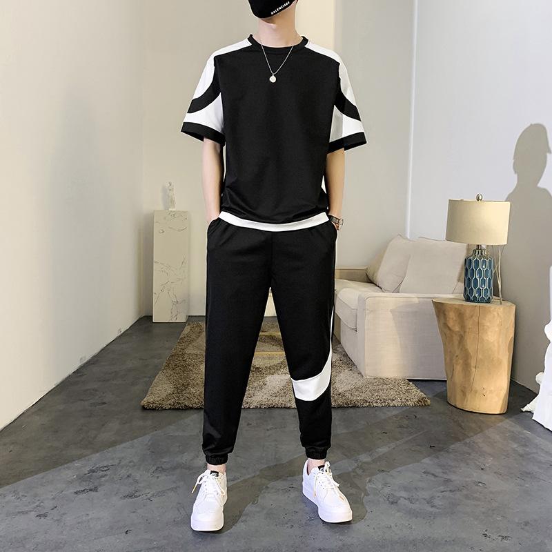 

Летняя футболка с коротким рукавом, повседневная мужская непринужденная спортивная футболка с короткими рукавами, комплект из двух предметов XL чёрный