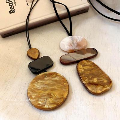 Geometric Resin & Braided Leather Necklace - Autumn Winter Retro Sweater Chain Fashion Jewelry