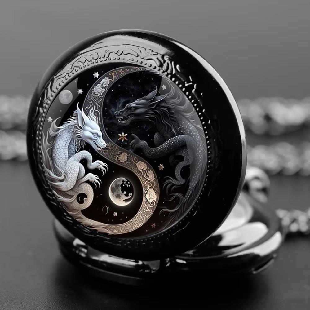 Vintage Retro Svart Hvit Dobbel Drage Yin yang Kvarts Unisex Menn Kvinner Lommeur Kvarts Halskjede Anheng Klokke Kjede Klassisk Skive Smykker Gave