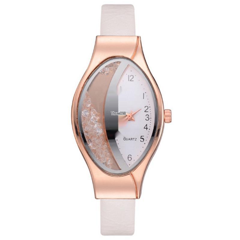 Fashionable Women's Rhinestone Leather Strap Watch with Flowing Sand Design