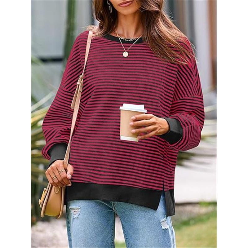 Dames Gestreept Crewneck Sweatshirt Los Oversized Lange Mouw Pullover Casual Dagelijks Blouse Top