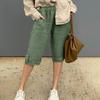 European & American Cotton Linen Casual Pants with Elastic Waist and Pockets, 7/8 Length, Pure Color.