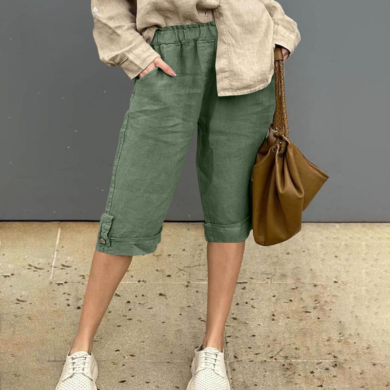 European & American Cotton Linen Casual Pants with Elastic Waist and Pockets, 7/8 Length, Pure Color.