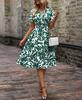 2026 spring and summer short-sleeved V-neck leaf print big swing skirt waist dress fairy skirt