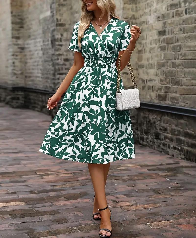 2026 spring and summer short-sleeved V-neck leaf print big swing skirt waist dress fairy skirt