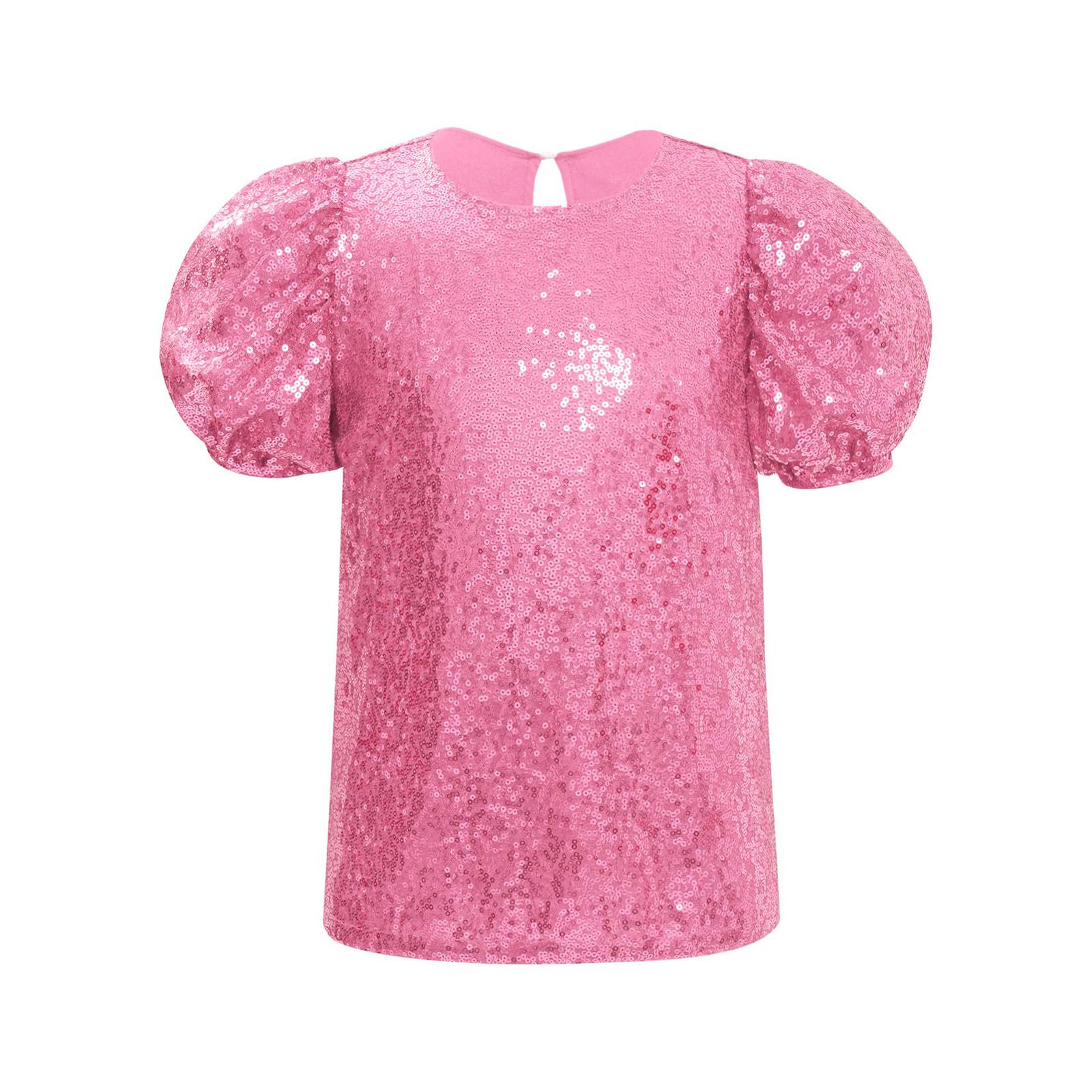 

Girls Short Puff Sleeves Shiny Sequins Top Jazz Dance Cheerleading Performance Wear 7-8 Years рожевий