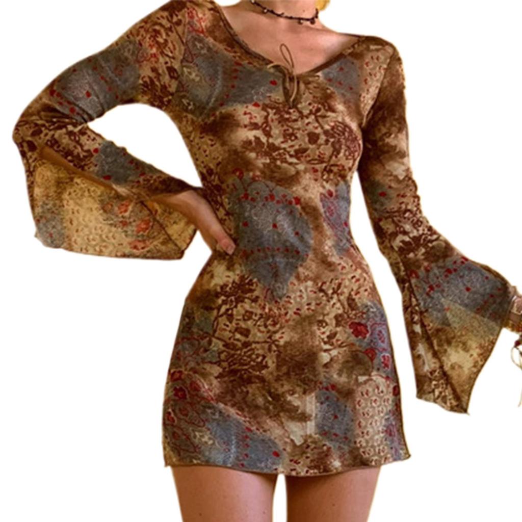 Vintage Print Dresses Women Tie-up Sheath Dress Adults Vintage Print Flare Sleeve V-neck Slit Short Skirt