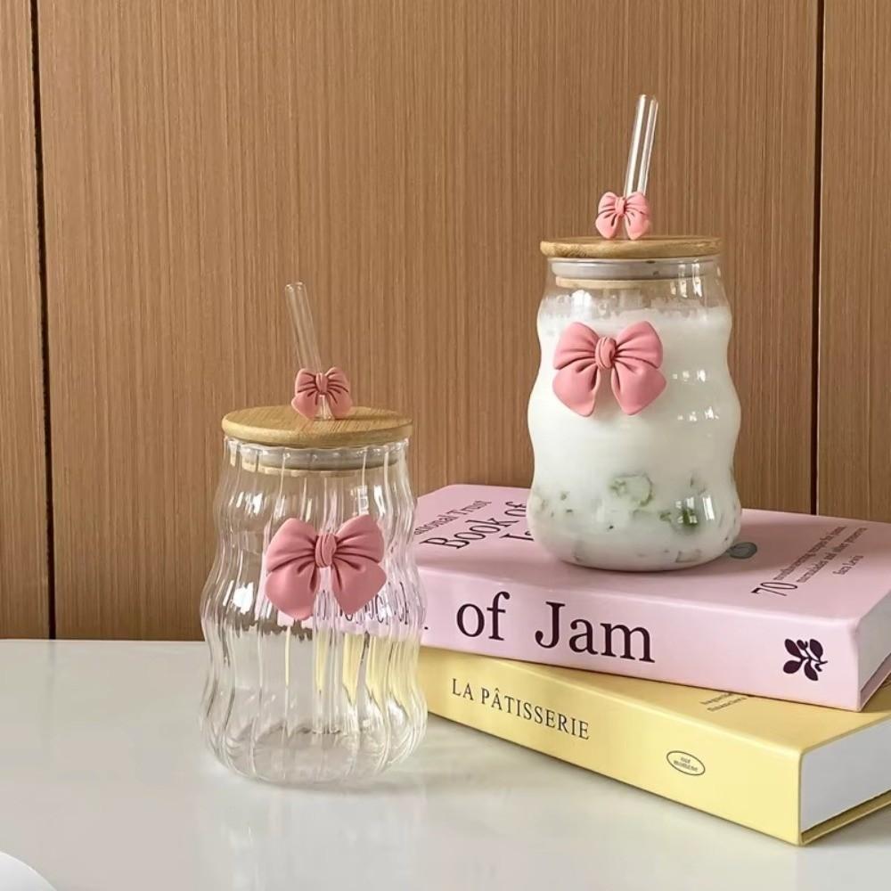 With Straw Striped Glass Cup Wavy Design Clear Glass Cup Afternoon Tea Coffee Cup Office