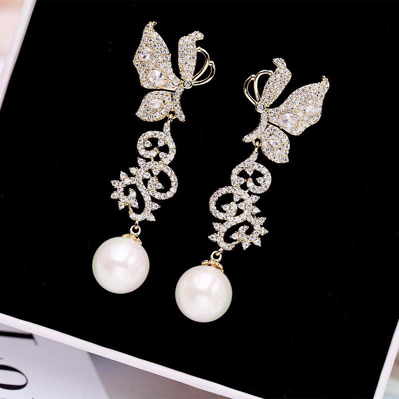 Nova cor zircônia borboleta flor brincos brincos pérola borla brincos longos acessórios de banquete