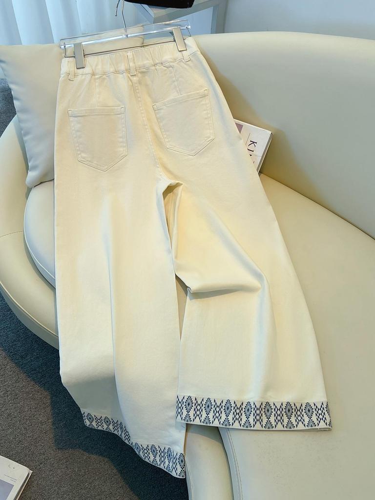 Women's 2026 Spring/Autumn High-Waisted Wide-Leg Denim Jeans - Printed, Washed Cotton, Slim Fit.