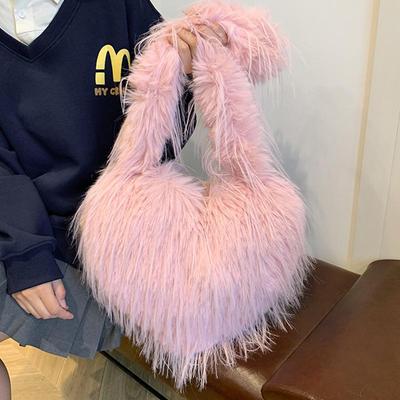 Women Fluffy Shoulder Bag Commuting Shopping Outdoor Travel Crossbody Bags Fashion Portable Female Heart Tote