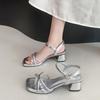 Silver Word with Thick Heel Sandals Women's New Summer Skirt Temperament Rhinestone High Heel Beach Shoes