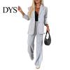 Women Coat Pants Suit 2 Pcs/Set Lady Formal Set Turn-down Collar Single-breasted Long Sleeves Button Decor Trousers Jacket Loose Striped Wide