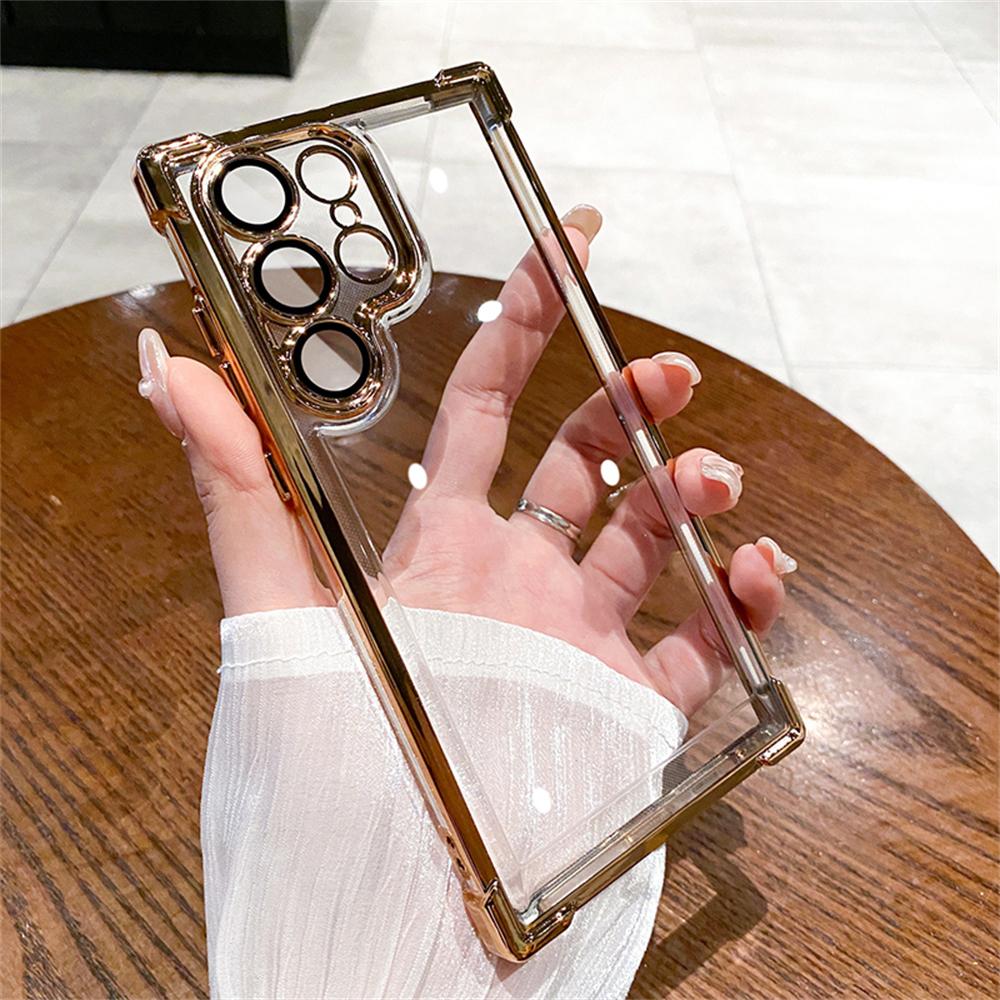 6D Plating Transparent Case For Samsung Galaxy S24 Ultra S22 Plus S23 FE Lens Film Camera Protection Air Cushion Clear Cover