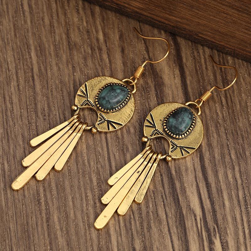 Elegant Turquoise Bohemian Earrings - Silver Plated, Golden Vintage Carving, Tribal Dangle Design - Chic Gift for Women