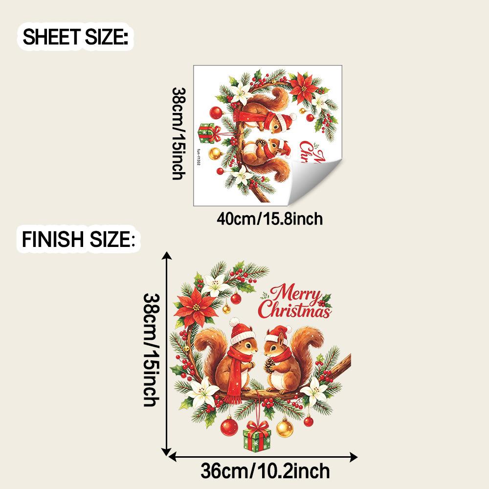 Watercolor Christmas Sticker Squirrel Wreath on Balcony Glass Window for Home Decoration and Beautification Window Sticker