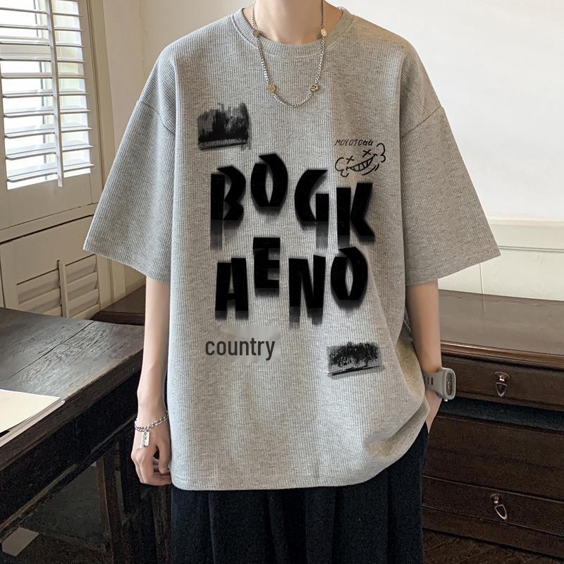 

Мужская футболка свободного покроя с коротким рукавом и вафельным узором - трендовый уличный стиль Heavyweight Large