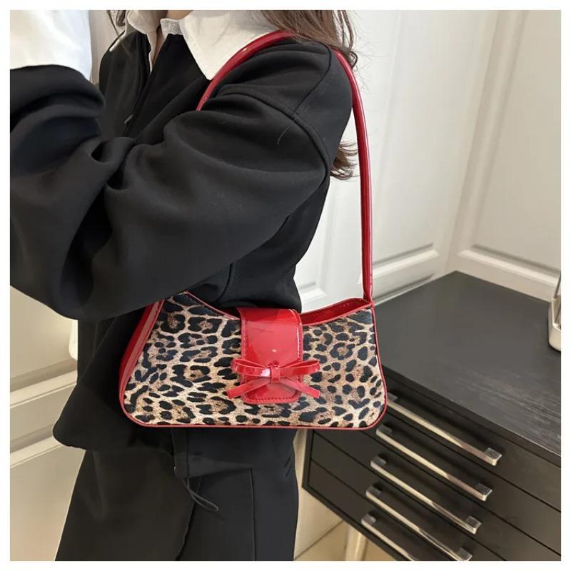 Retro Leopard Print PU Leather Women's Shoulder Bags Fashi Versatile Ladies Underarm Bags Simple Bowknot Female Handbags